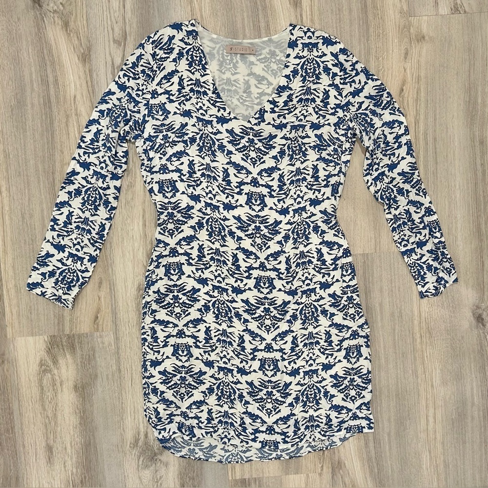 SuperTrash ST Studio Long Sleeve Blue White  pattern Sheath Mini Dress Size M